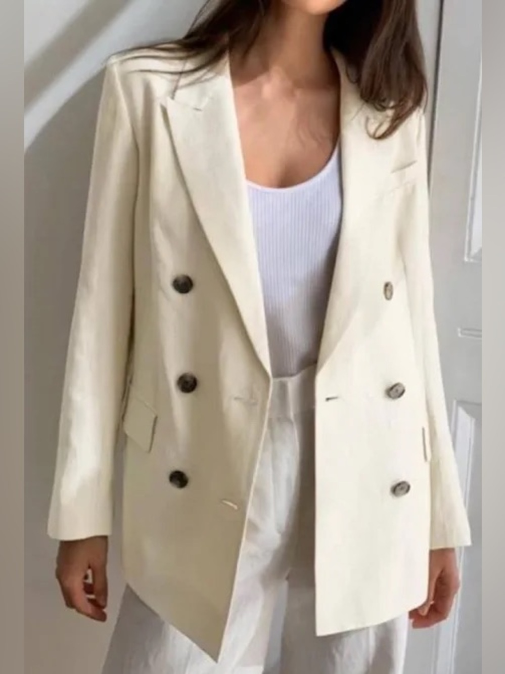 Aritzia Babaton beige linen double-breasted blazer shoulder pad women’s size 0